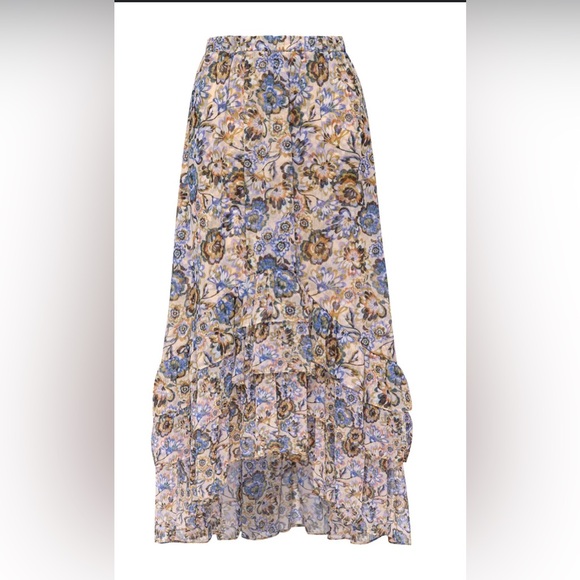 Misa Los Angeles Tiered Maxi Skirt in Blue and Tan